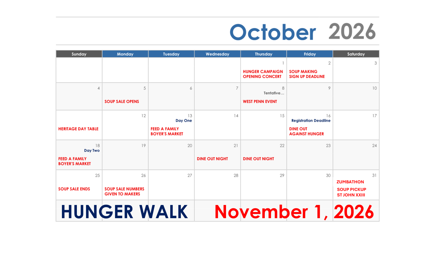 October activities calendar